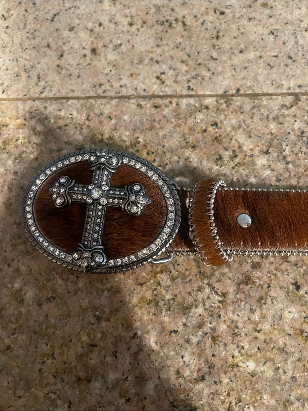 Brown Hair-On Hide Belt with Rhinestone Cross Buckle  real hair on size 2xl